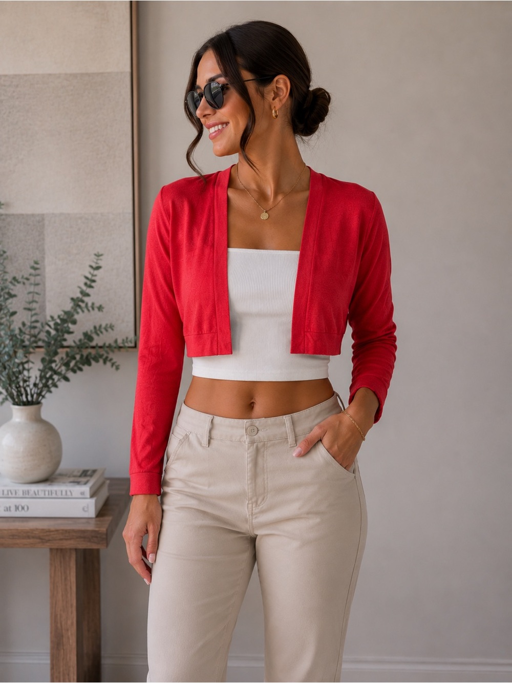Natori Red Open-Front Cropped Cardigan